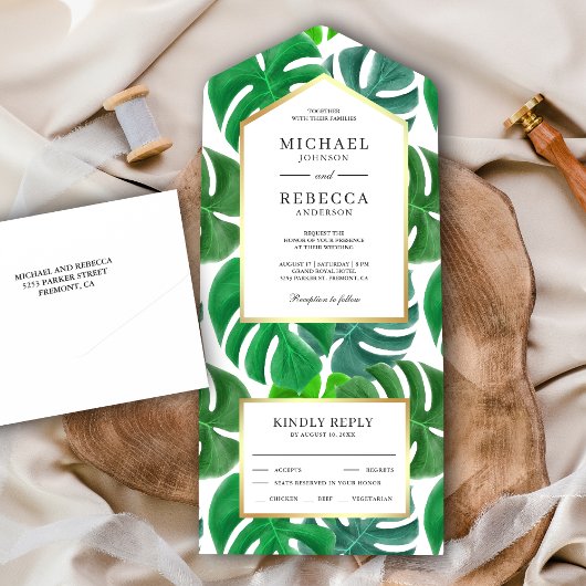 Green Tropical Monstera Leaves Wedding All In One Uitnodiging