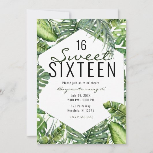 Green Tropical Palm Leaves Summer Island Sweet 16 Kaart (Voorkant)