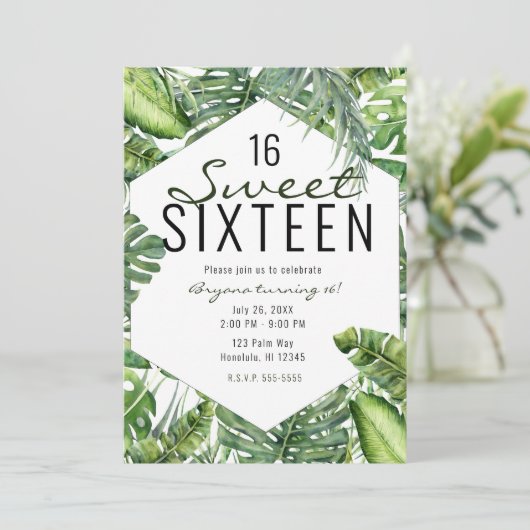 Green Tropical Palm Leaves Summer Island Sweet 16 Kaart (Staand voorkant)