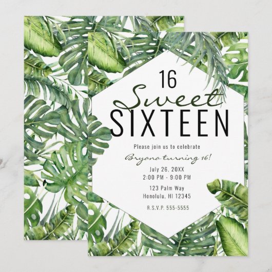Green Tropical Palm Leaves Summer Island Sweet 16 Kaart (Voorkant / Achterkant)