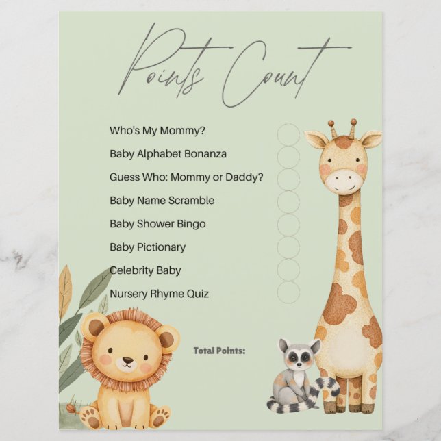Green Tropical Safari Animals Baby Shower game (Voorkant)