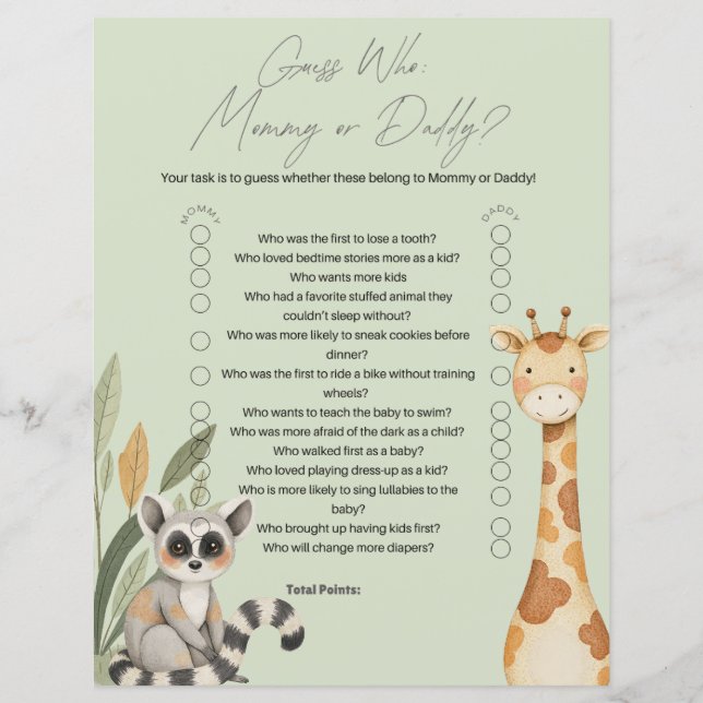 Green Tropical Safari Animals Baby shower spel (Voorkant)