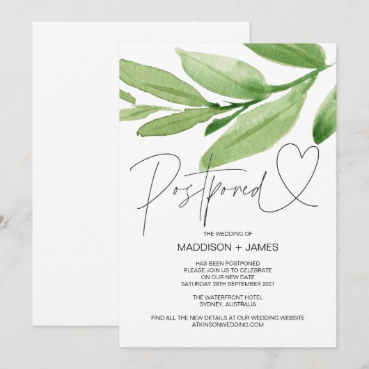 Green Tropical Wedding Postponed Change the Date Kaart (Voorkant / Achterkant)