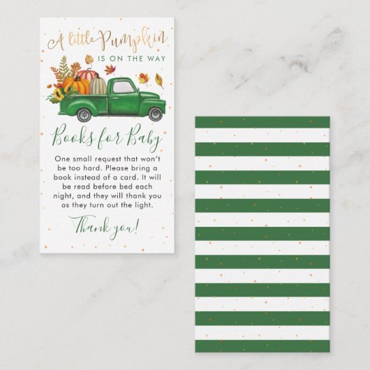 Green Truck Pumpkin Baby shower Books for Baby Informatiekaartje (Voorkant / Achterkant)