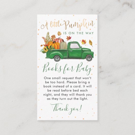 Green Truck Pumpkin Baby shower Books for Baby Informatiekaartje (Voorkant)
