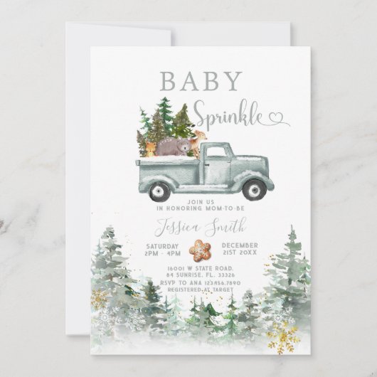Green Truck Winter Forest Animals Baby Sprinkle Kaart (Voorkant)