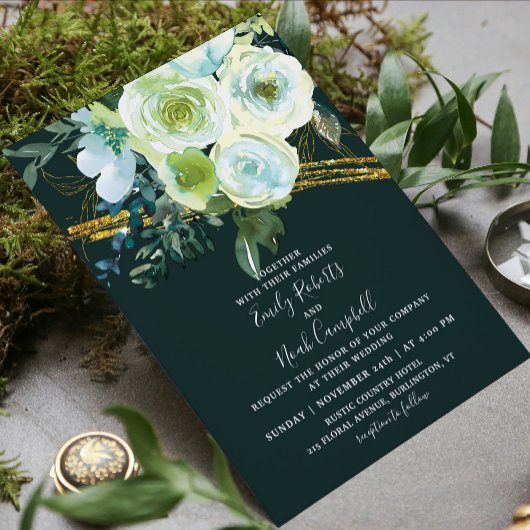 Green Turquoise Floral Gold Glitter Photo Wedding Kaart