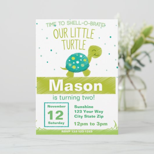 Green Turtle Birthday Invitation Kaart (Staand voorkant)