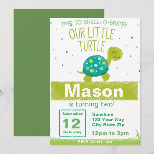 Green Turtle Birthday Invitation Kaart (Voorkant / Achterkant)