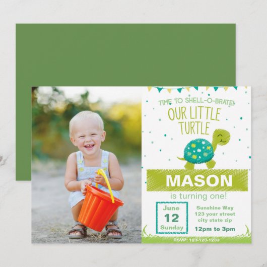 Green Turtle Birthday Uitnodiging met foto (Voorkant / Achterkant)