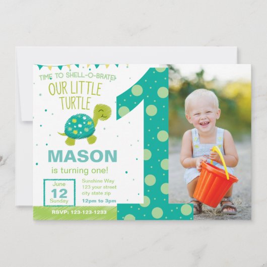 Green Turtle First Birthday Party Invitation Kaart (Voorkant)