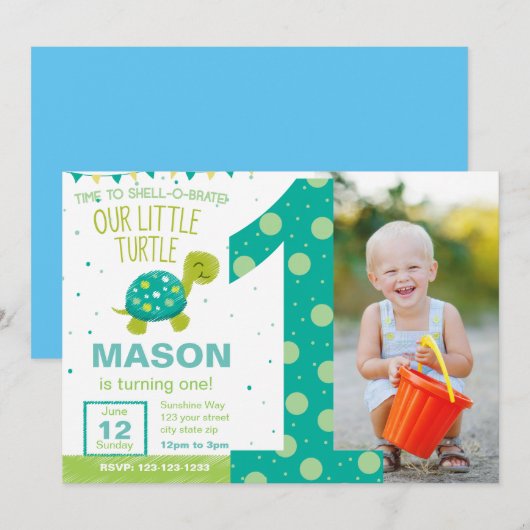 Green Turtle First Birthday Party Invitation Kaart (Voorkant / Achterkant)