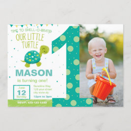 Green Turtle First Birthday Party Invitation Kaart