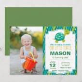 Green Turtle Stripe Verjaardag Uitnodiging w Foto (Voorkant / Achterkant)