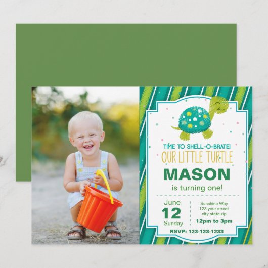 Green Turtle Stripe Verjaardag Uitnodiging w Foto (Voorkant / Achterkant)
