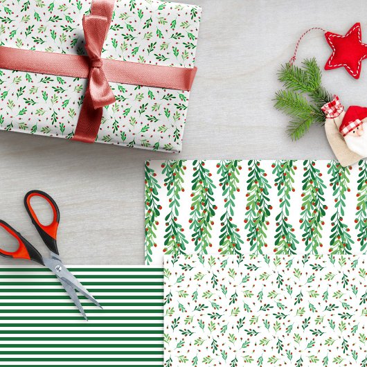 Green Twigs & Red Berries, gemengd kerstpatronen Inpakpapier Vel