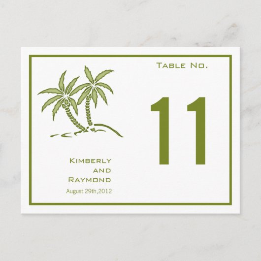 Green Twin Palm Trees Tropical Table Number Card Briefkaart (Voorkant)