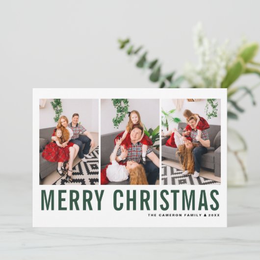 Green Typografie Photo Collage Merry Kerstry Feestdagenkaart (Staand voorkant)