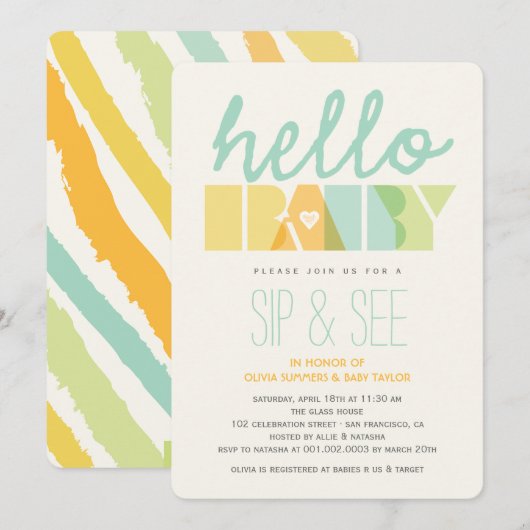 Green Typography Chic Sip & See Hallo Baby shower Kaart (Voorkant / Achterkant)