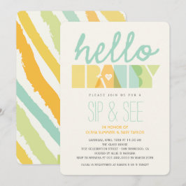 Green Typography Chic Sip & See Hallo Baby shower Kaart