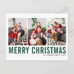 Green Typography Merry kerstfoto Collage Feestdagenkaart<br><div class="desc">Vrolijk kerstfeest!  briefkaart voor kerstfotocollage met een groene en zwarte eenvoudige typografie. Personaliseer door drie foto's,  namen,  jaar en andere details toe te voegen. Dit moderne kerstbriefkaart is verkrijgbaar in andere kleuren en in kartonnen dozen.</div>