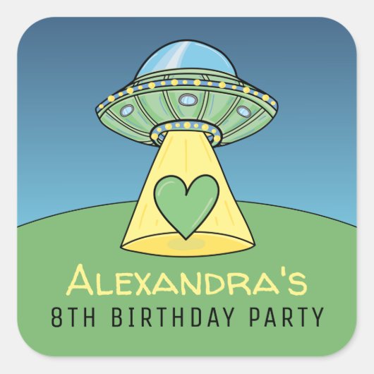 Green UFO Alien Birthday Party Vierkante Sticker (Voorkant)