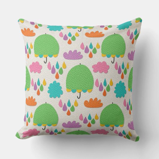 Green Umbrellas with Clouds and Raindrops Kussen (Voorkant)