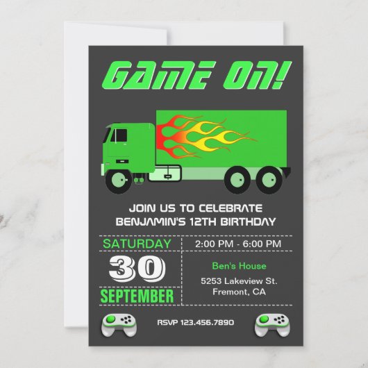 Green Video Game Truck Birthday Party Kaart (Voorkant)