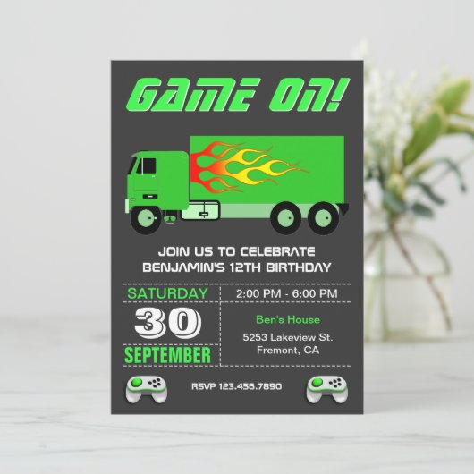 Green Video Game Truck Birthday Party Kaart (Staand voorkant)