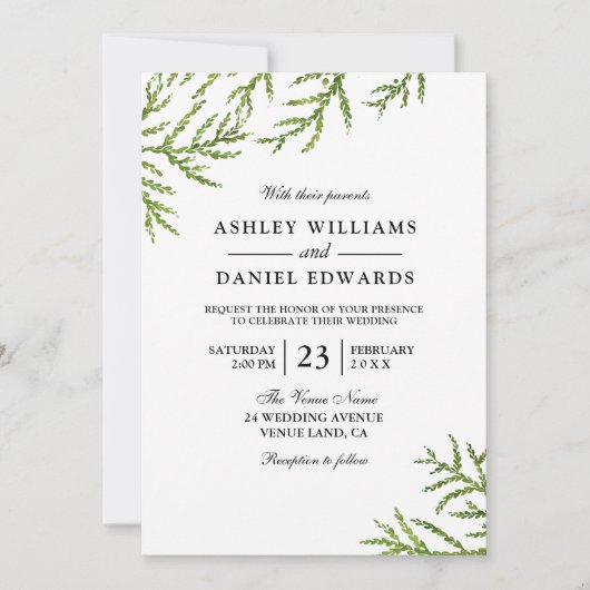 Green Vine Fern Leaf Wedding Invitation Kaart (Voorkant)