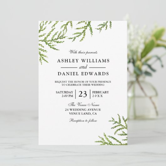 Green Vine Fern Leaf Wedding Invitation Kaart (Staand voorkant)