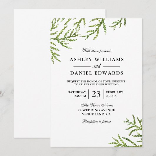 Green Vine Fern Leaf Wedding Invitation Kaart (Voorkant / Achterkant)