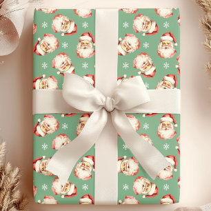 Green Vintage Santa Claus Face Watercolor Cadeaupapier