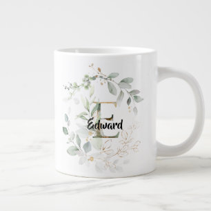 Green w Gold Leaves Monogram Initiaal "E" Naam Grote Koffiekop