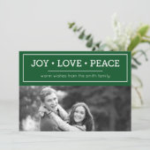 Green Warm Wishes Joy Love Peace Holiday Foto Feestdagenkaart (Staand voorkant)