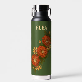 Green Water Bottle with red flowers Waterfles