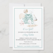 Green Watercolor Baby Girl Shower Invitation