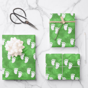 Green Watercolor Baby Shower Footprint Pattern Inpakpapier Vel