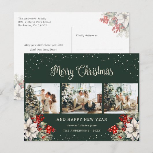 Green Watercolor Botanical Snow Photo Collage Feestdagenkaart (Voorkant / Achterkant)