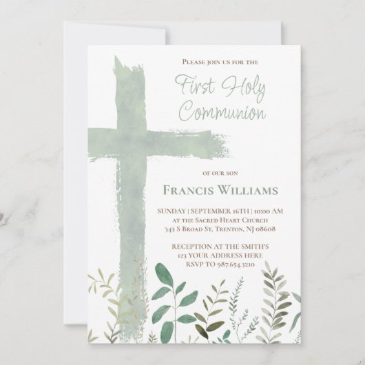 green watercolor cross First Communion Kaart (Voorkant)