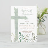green watercolor cross First Communion Kaart (Staand voorkant)