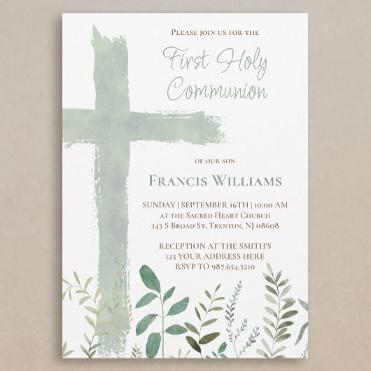 green watercolor cross First Communion Kaart