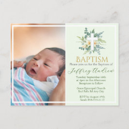 Green Watercolor Floral Faux Gold Photo Baptism Uitnodiging Briefkaart