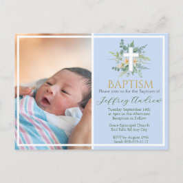 Green Watercolor Floral Faux Gold Photo Baptism Uitnodiging Briefkaart