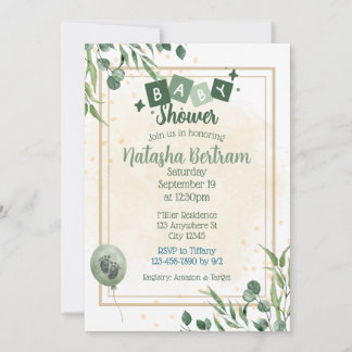 Green Watercolor Floral Leaves Baby Shower Kaart