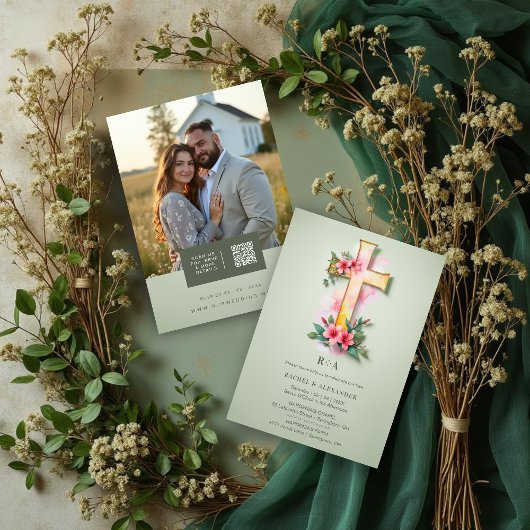 Green Watercolor Pastel Floral Cross-Shape Wedding Kaart