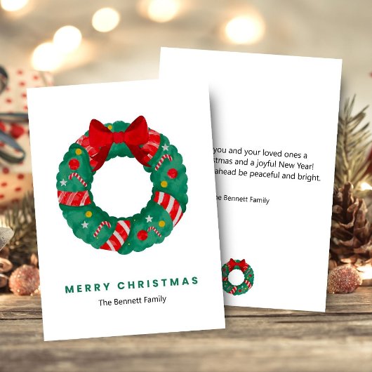 Green Watercolor Wreath Christmas Card Feestdagenkaart