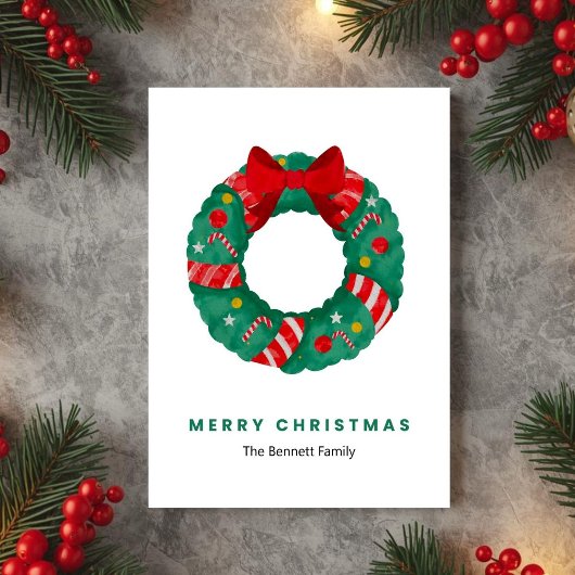 Green Watercolor Wreath Christmas Card Feestdagenkaart