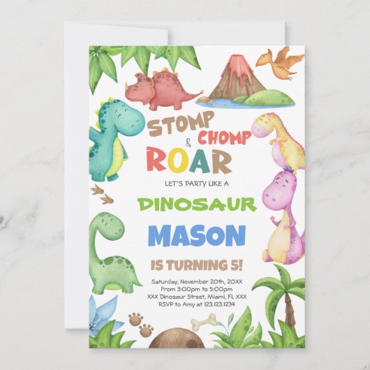 Green Waterverf Dinosaur Birthday Uitnodiging (Voorkant)