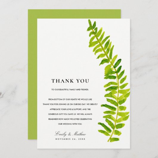 GREEN WATERVERF FERN FOLIAGE DANK U BEDANKKAART (Voorkant / Achterkant)